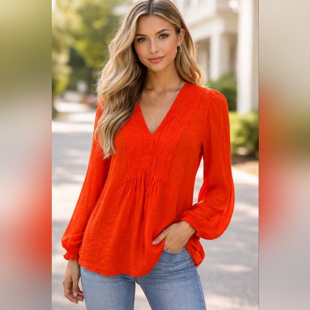 Nanette Lepore Vibrant Red Pleated Bohemian Blouse Sz XL #1919